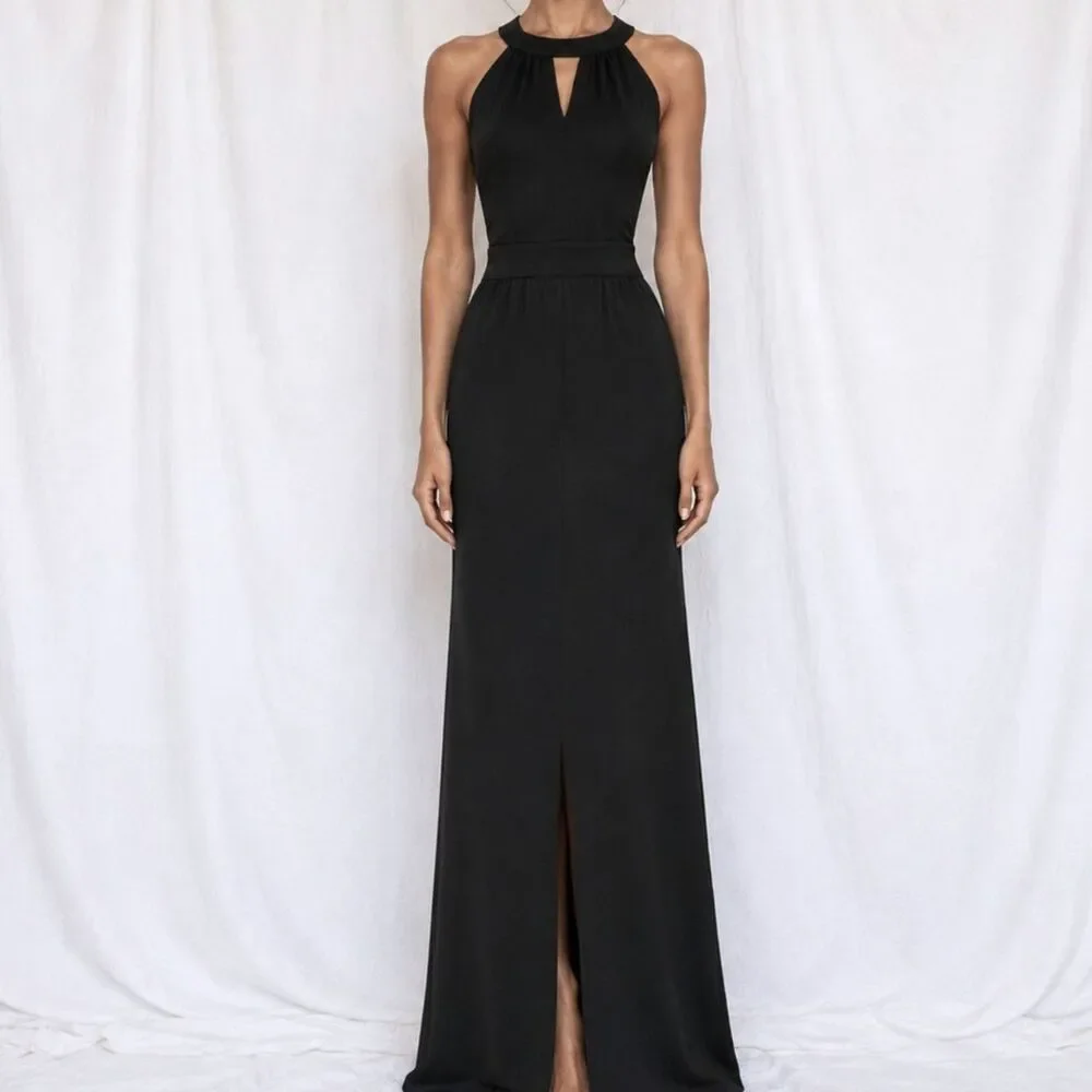 Vintage Y2K Roz & Ali Black Knit Bodycon Front Slit Maxi Cocktail Dress Size S/M